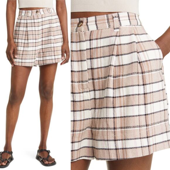 Treasure & Bond Preppy Plaid Pleated Cotton Shorts Tan Brown Chanterelle 8 NWT - Picture 1 of 10